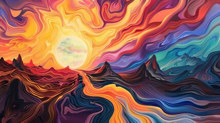Oil painting, melting landscapes, surreal shapes, sunset, close-up, dreamy distortions.  - obrazy, fototapety, plakaty