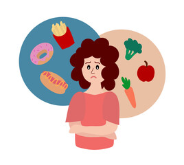 Eating disorder. Sad woman worries about being overweight. Overeating, bulimia, anorexia. Food addiction concept. Girl cannot choose between healthy or unhealthy food. Cartoon flat vector illustration