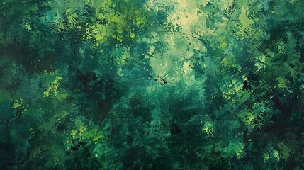 Abstract oil painting, deep forest, emerald greens, midday light, aerial view, dappled shadow effect.  - obrazy, fototapety, plakaty