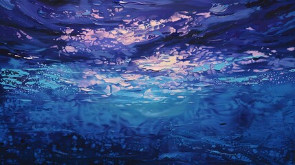Oil painting, ocean depths, cool blues and purples, twilight, panoramic, underwater light play.