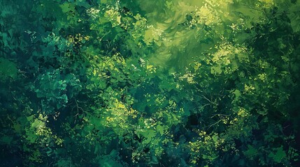 Fototapeta na wymiar Abstract oil painting, deep forest, emerald greens, midday light, aerial view, dappled shadow effect. 