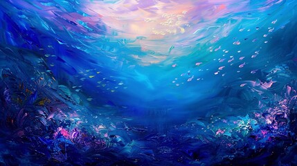 Fototapeta na wymiar Oil painting, ocean depths, cool blues and purples, twilight, panoramic, underwater light play. 