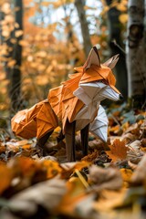 In the realistic underbrush of a forest, an origami fox stalks quietly, its orange and white folds blending with the autumn leaves - obrazy, fototapety, plakaty