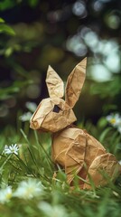 In a realistic meadow, an origami rabbit nibbles on grass, its ears perked up, the soft folds of its body blending with the surrounding greenery