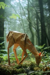 In a realistic forest clearing, an origami deer grazes, its delicate paper form bending towards the ground, alert to every sound