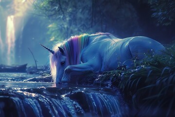 In the soft glow of dawn, a unicorn with a rainbow cascade of hair nestles by a crystalline stream, peace personified