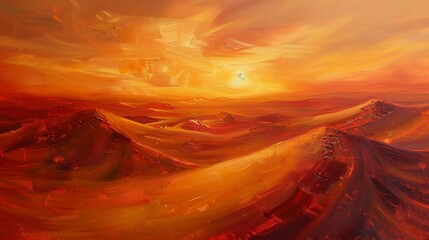 Oil painting Abstract, desert dunes, warm oranges and reds, sunset, wide lens, shifting sands texture.