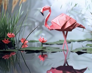 In a realistic wetland, an origami flamingo stands on one leg, its pink paper form reflected in the still water, surrounded by reeds and lilies