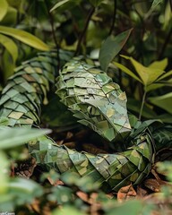 In the realistic jungle, an origami snake slithers through the underbrush, its scales a pattern of intricate folds, blending with the leafy ground