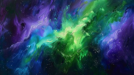 Fototapeta na wymiar Oil paint, northern lights, vibrant greens and purples, night, macro, celestial dance.