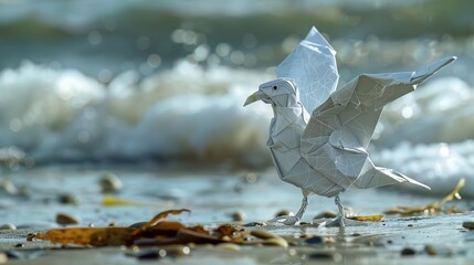 In a realistic coastal scene, an origami seagull stands on the shore, its paper wings slightly ruffled by the sea breeze, watching the waves