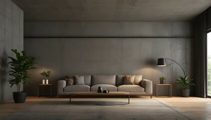Obraz na płótnie Canvas Generate a highly realistic image of a completely empty big room, in a minimalist style, showcasing a modern design, only carpet and wood floor, and floor lamp, concrete wall. There should only be a b