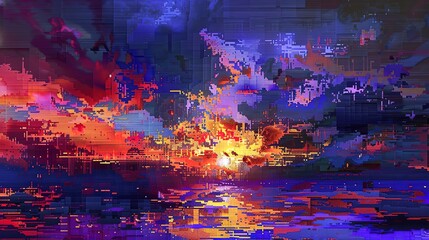 Oil paint, pixel explosion, vibrant digital colors, twilight, wide lens, pixelated chaos.