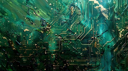 Abstract oil painting, circuit board pathways, metallic greens, direct sunlight, macro, intricate lines. 