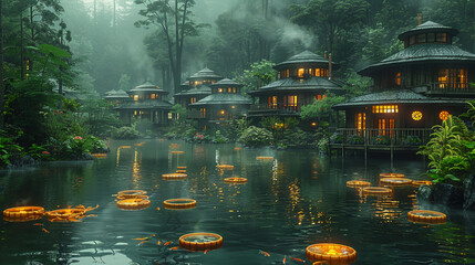 Illuminated lanterns float serene water traditional houses misty forest