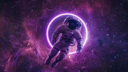 astronaut with neon circle background in space, futuristic, neon, retro style with starry background in high resolution and high quality. neon concept, astronaut