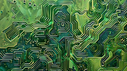 Abstract oil painting, circuit board pathways, metallic greens, direct sunlight, macro, intricate lines.  - obrazy, fototapety, plakaty