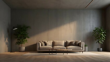 Generate a highly realistic image of a completely empty big room, in a minimalist style, showcasing a modern design, only carpet and wood floor, and floor lamp, concrete wall. There should only be a b