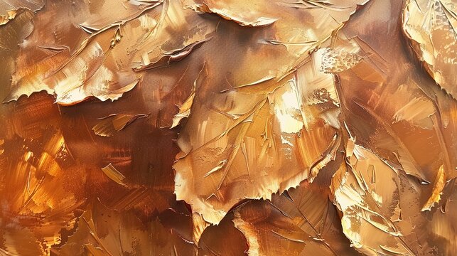 Oil painting Abstract, autumn leaves, rich golds and browns, afternoon light, macro, crisp leaf edges.
