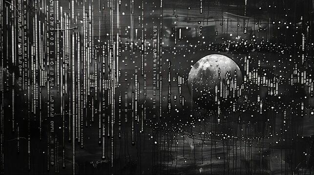 Oil painting, binary code stream, monochrome, night, panoramic, flowing data effect. 
