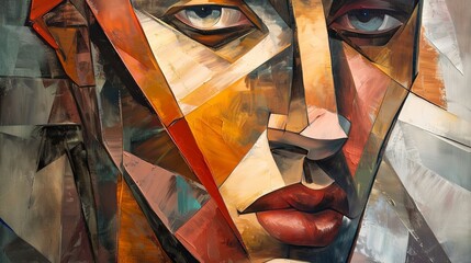 Oil painting Abstract, fragmented face, cubist influence, soft light, close-up, sharp angles.  - obrazy, fototapety, plakaty