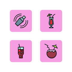 Beach bar line icon set. Different cocktails in glasses and coconut. Shaker for mixing drinks. Party by the sea concept