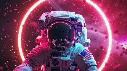 astronaut with a neon circle in space