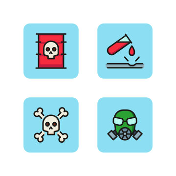 Chemical hazard line icon set. Dangerous substances, skull and bones, gas mask. Protection concept.  Can be used for signboards, web design, pictogram