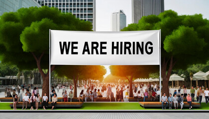 Billboard in urban park announces hiring, suitable for businesses promoting job opportunities, outdoor recruitment ads with a community-focused approach. - obrazy, fototapety, plakaty