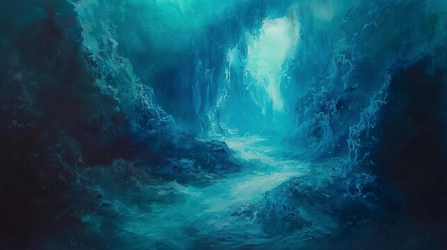 Oil paint, underwater cavern, mysterious blues, soft light, macro, cavernous echoes. 