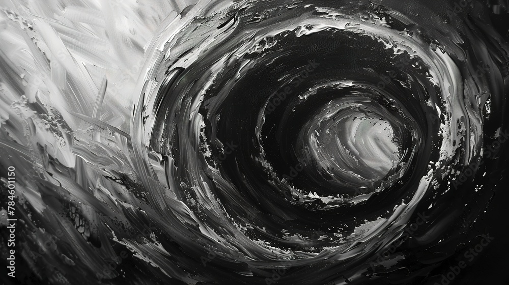 Poster Oil painting, black hole vortex, monochrome with hints of color, dusk, macro, gravitational pull effect.