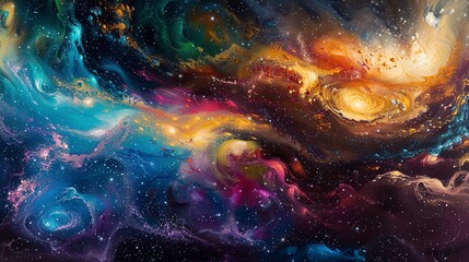 Oil paint, swirling galaxy, vibrant nebulas, twilight, wide lens, stardust swirls.  - obrazy, fototapety, plakaty
