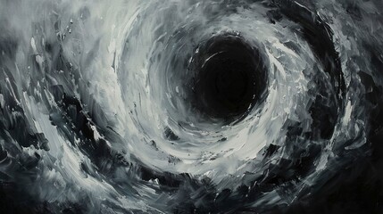 Oil painting, black hole vortex, monochrome with hints of color, dusk, macro, gravitational pull effect. 