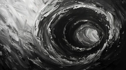 Oil painting, black hole vortex, monochrome with hints of color, dusk, macro, gravitational pull effect.