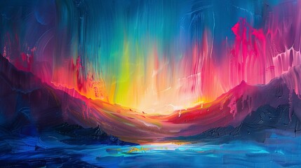 Abstract Oil painting, aurora on alien planet, spectral hues, dawn light, wide angle, atmospheric shimmer. 
