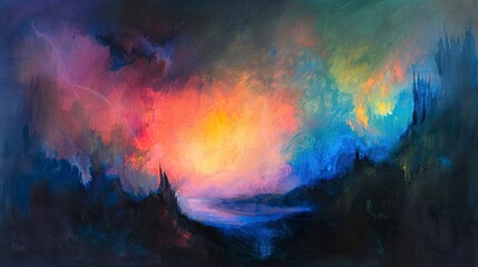 Abstract Oil painting, alien aurora, oil painting, otherworldly colors, dusk, wide angle, celestial dance.