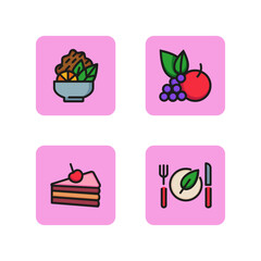 Food line icon set. Cake, vegan food, salad, fruit. Restaurant concept. Can be used for topics like cooking, healthy food, menu.