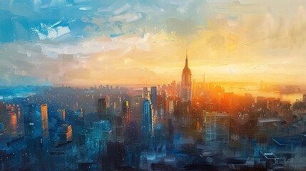 Fototapeta na wymiar Oil painting, urban skyline, soft pastels, dawn light, panoramic, dreamy cityscape.