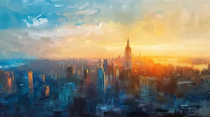 Foto op Canvas Oil painting, urban skyline, soft pastels, dawn light, panoramic, dreamy cityscape. © Thanthara