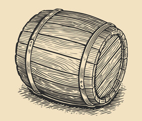 Obraz premium Wooden barrel for storing alcoholic beverages. Oak barrel sketch. Vintage engraving style vector illustration