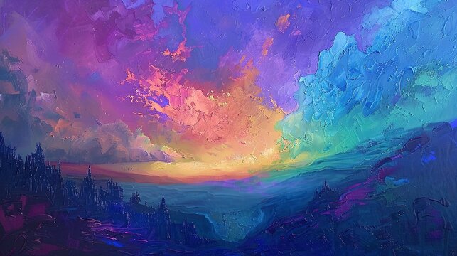 Abstract Oil painting, alien aurora, oil painting, otherworldly colors, dusk, wide angle, celestial dance. 
