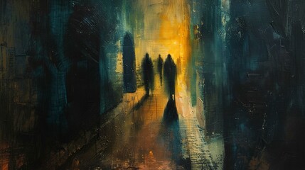 Abstract Oil painting, nighttime alley, oil effect, shadowy figures, night, close focus, mysterious aura. 