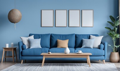 Home interior mockup with blue sofa wooden table and decor in blue living room
