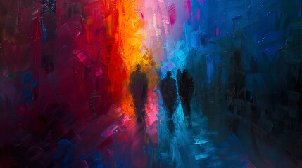 Abstract Oil painting, nighttime alley, oil effect, shadowy figures, night, close focus, mysterious aura. 