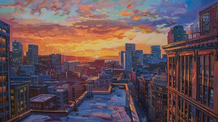Fototapeta na wymiar Oil paint, rooftop views, cityscape horizons, sunset, wide lens, distant glow. 