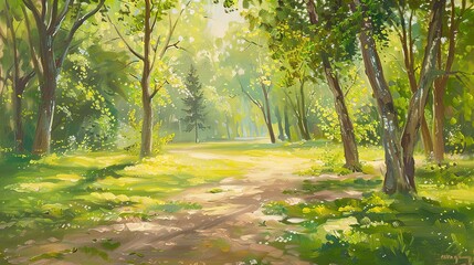 Fototapeta na wymiar Abstract Oil painting, urban park in spring, oil painting, lush greens, morning light, panoramic, peaceful retreat. 
