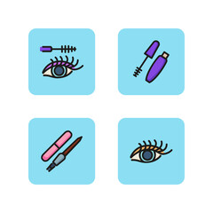 Makeup line icon set. Applying mascara, eye line, nail file and cuticle pusher. Beauty concept. Can be used for topics like cosmetic products, cosmetology, perfection - obrazy, fototapety, plakaty