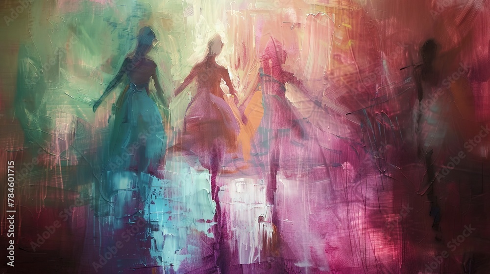 Wall mural Abstract Oil painting, Degas ballet dancers, soft hues, stage lights, wide lens, fluid movement effect. 