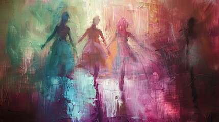 Abstract Oil painting, Degas ballet dancers, soft hues, stage lights, wide lens, fluid movement effect.  - obrazy, fototapety, plakaty