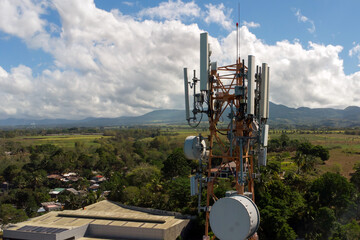 aerial view around of the telecommunication tower. tower antennas satellite transmits the signals